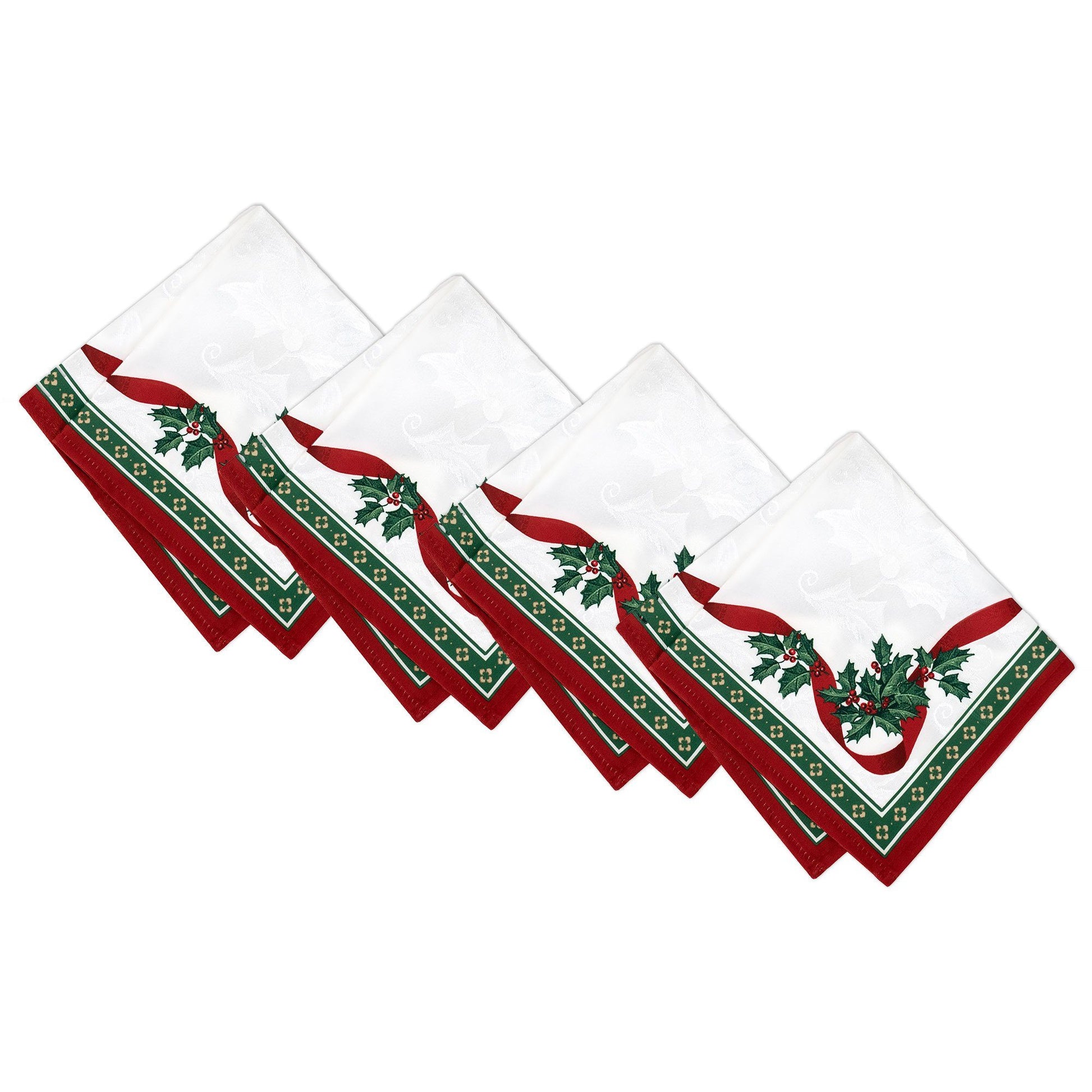 White holly damasks napkin set of 4 with red/green border and red ribbon design trim with holly sprigs
