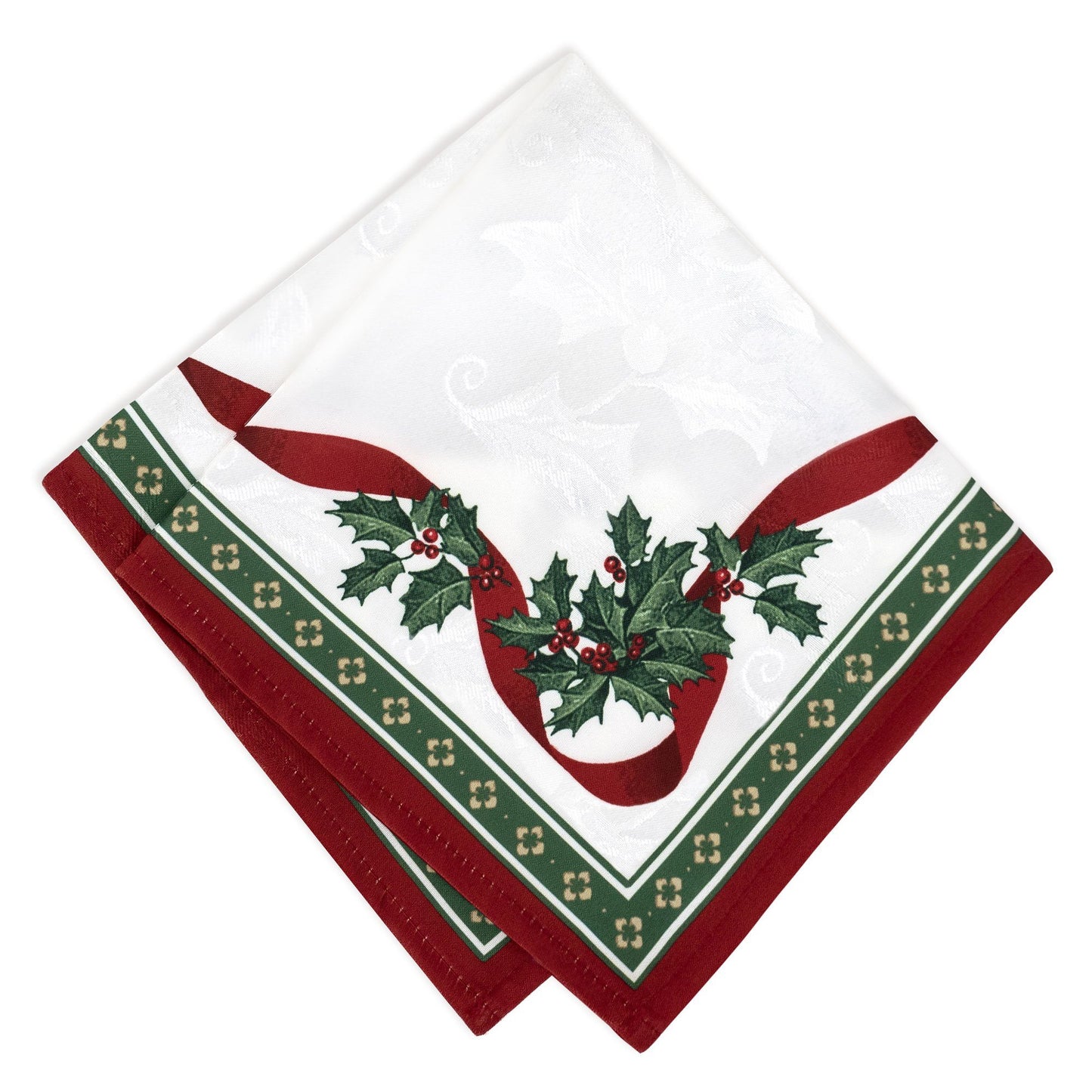 White holly damasks napkin set of 4 with red/green border and red ribbon design trim with holly sprigs