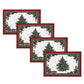 Set of 4 placemats with a white holly damask design on background, a christmas tree in the center and a holly and red ribbon border. The backside is also reversible with a solid red color and holly damask design.