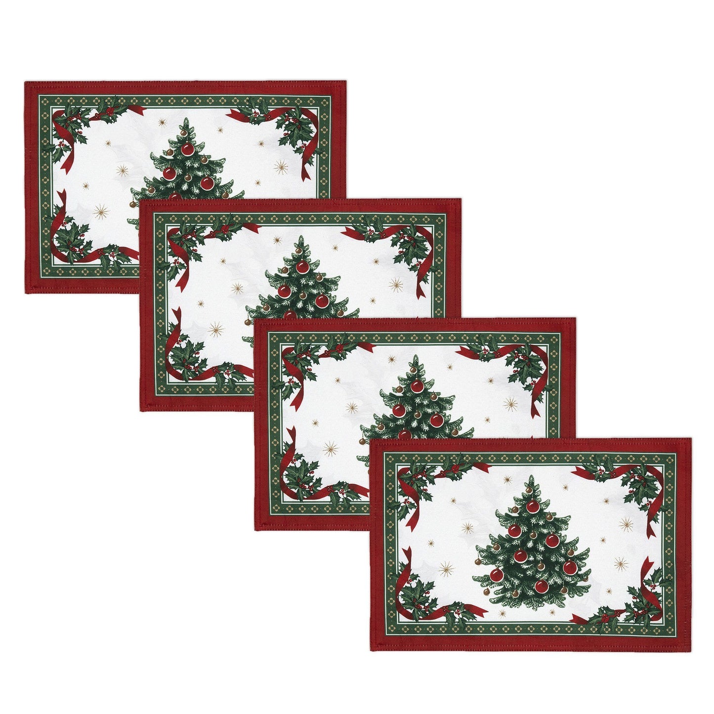 Set of 4 placemats with a white holly damask design on background, a christmas tree in the center and a holly and red ribbon border. The backside is also reversible with a solid red color and holly damask design.